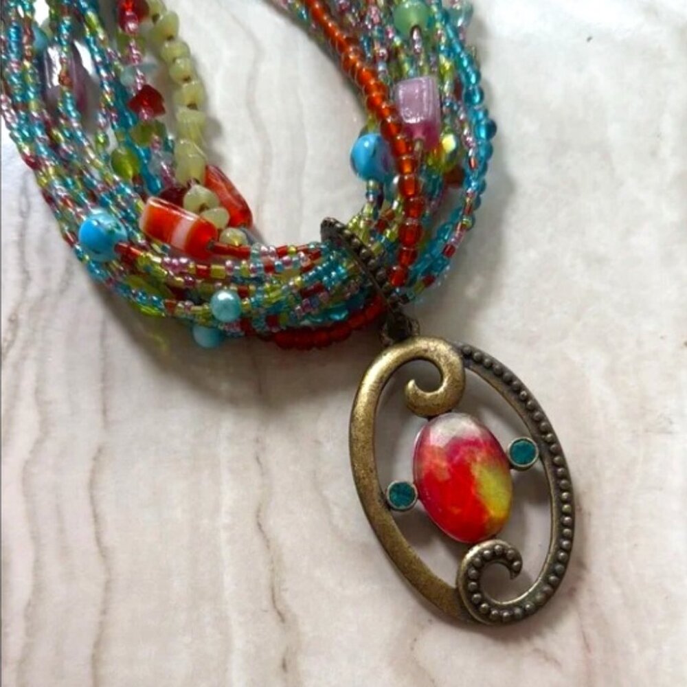 Vintage Chico's Glass and stone Multi-Strand Necklace with metal Pendant